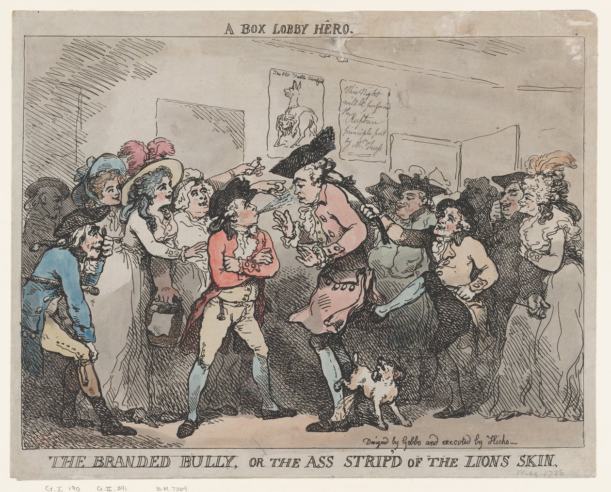 ”En boxningslobbyhjälte”, ”Den märkta mobbaren” eller ”Åsnan som berövats lejonets skinn”. av Thomas Rowlandson
