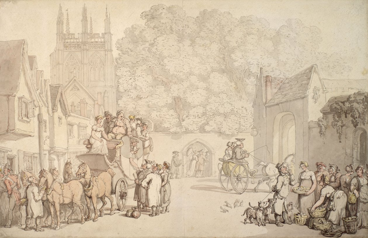 En buss som förbereder sig för att lämna Canterbury Gate, Christ Church, Oxford, ca 1810-15 av Thomas Rowlandson