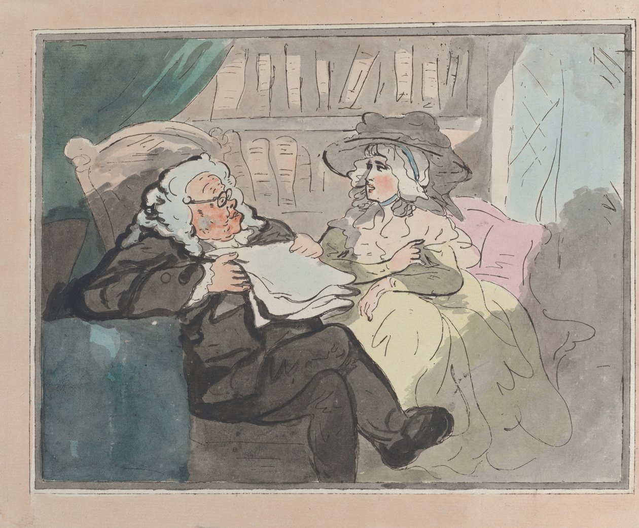 En rådgivares åsikt efter att han hade pensionerats från praktiken - Den juridiska konsultationen, ca. 1780-94. av Thomas Rowlandson