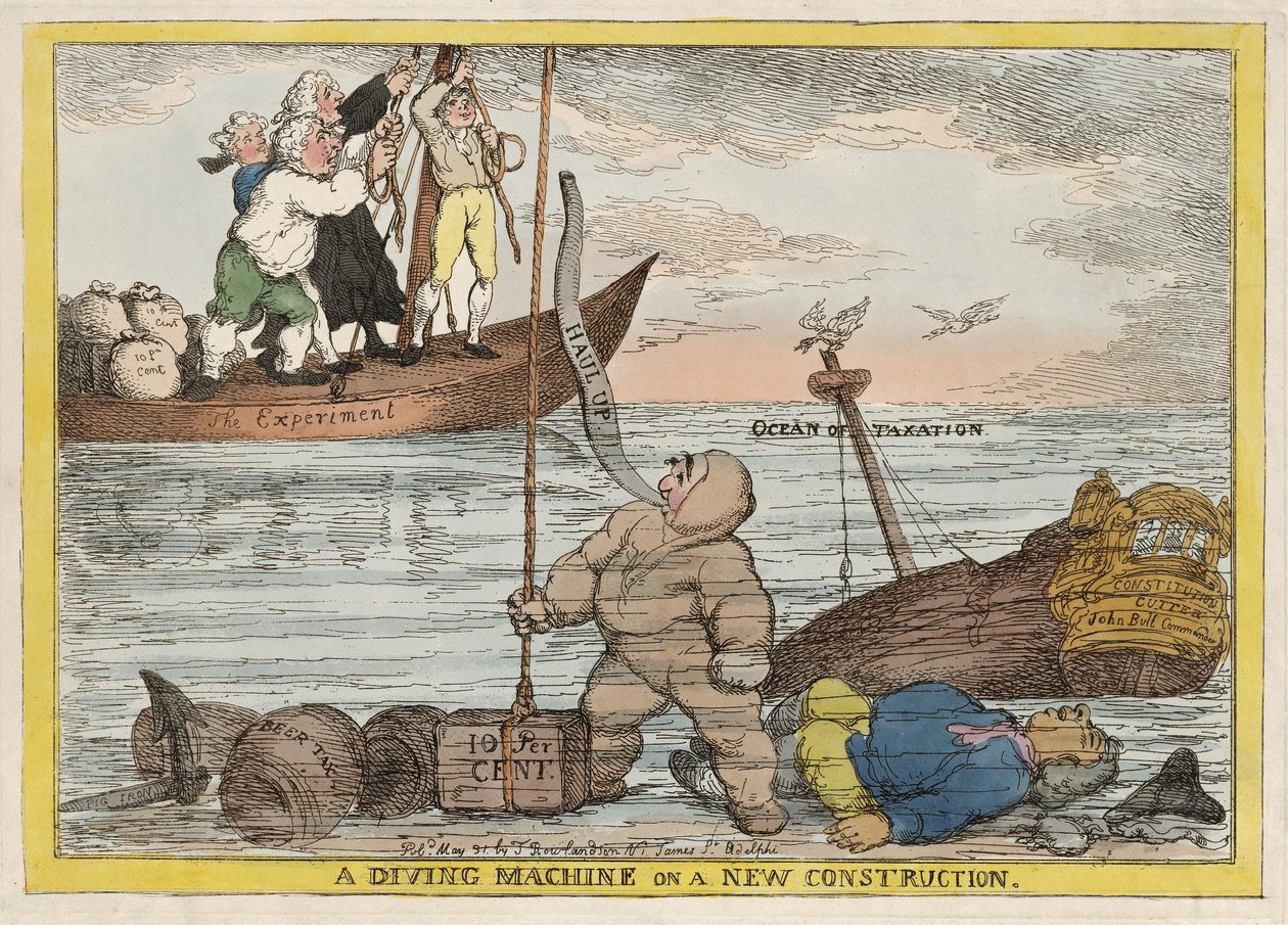En dykmaskin på en ny konstitution, pub. 1806 av Thomas Rowlandson