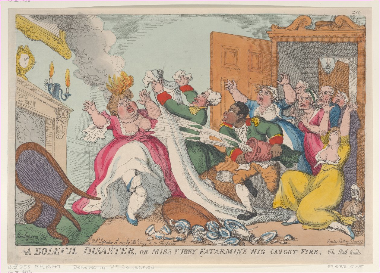 A Doleful Disaster, eller Miss Fubby Fatarmins peruk fattade eld, 20 september ..., 20 september 1813. av Thomas Rowlandson