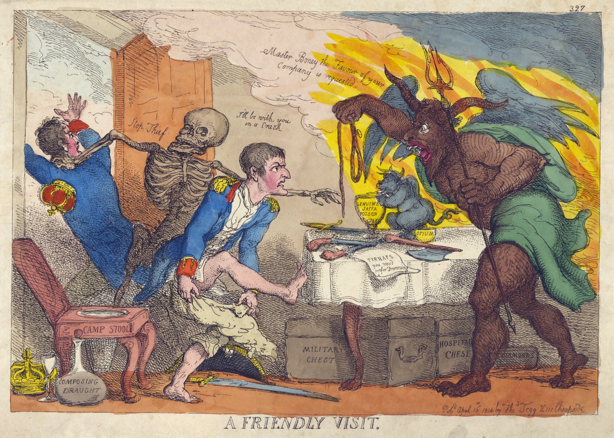 A FRIENDLY VISIT, Satir över Napoleons nederlag, abdikation och pensionering på Elba av Thomas Rowlandson