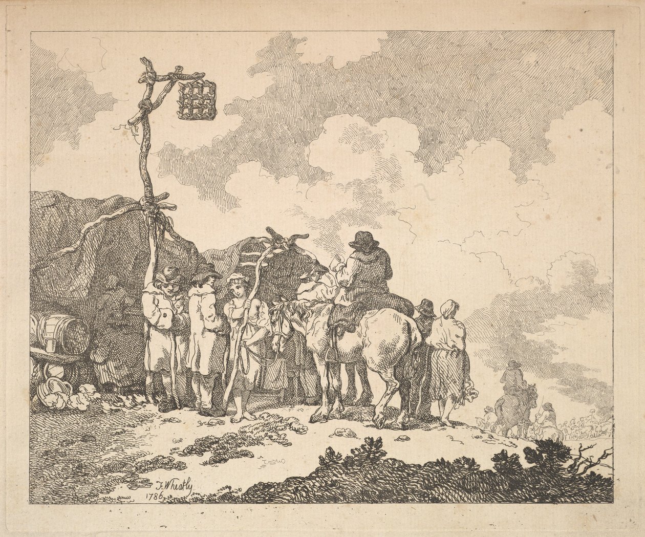 En mässa - En grupp zigenare - män och kvinnor i rustika kläder framför två provisoriska te..., 1786. av Thomas Rowlandson