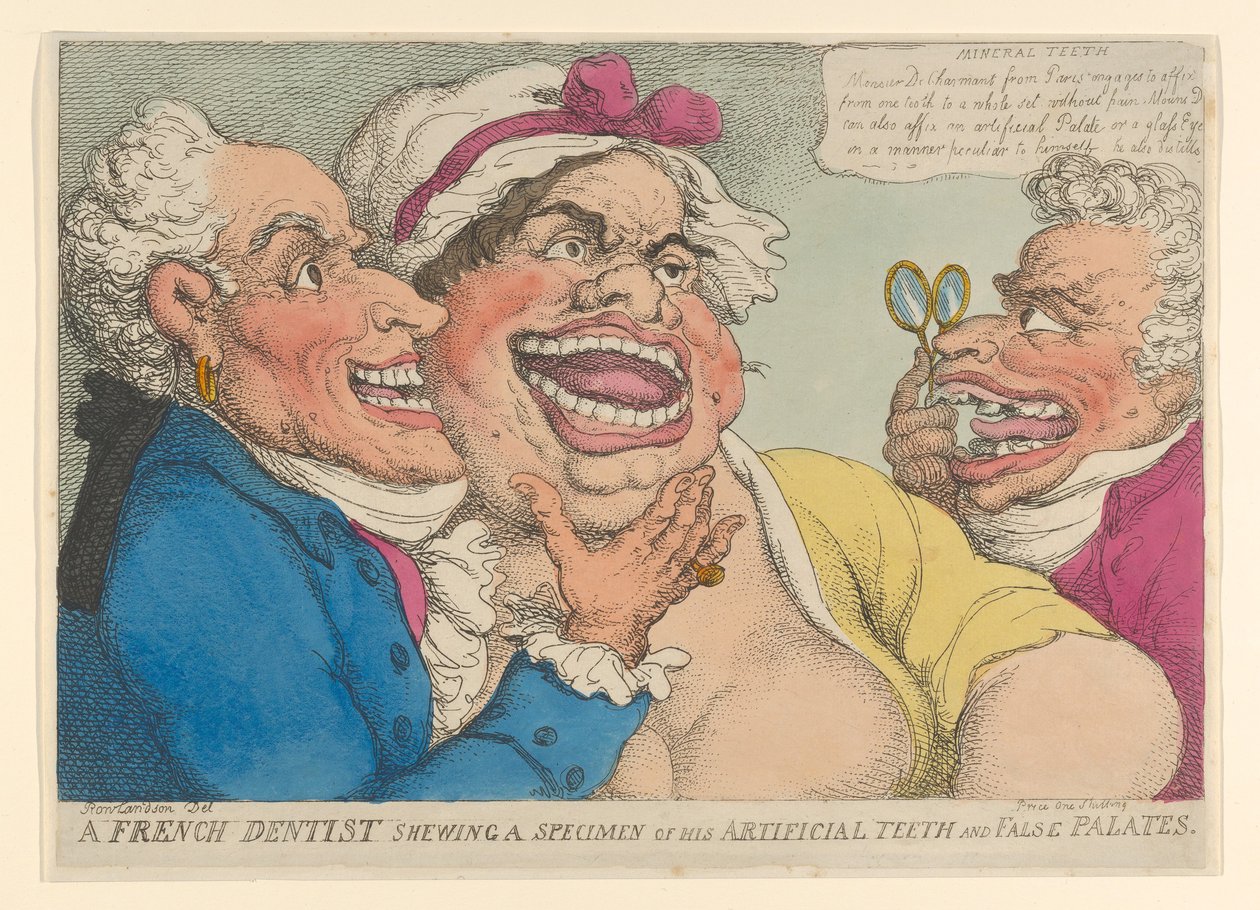 En fransk tandläkare som visar ett exemplar av sina konstgjorda tänder och falska gommar, 1811., 1811. av Thomas Rowlandson