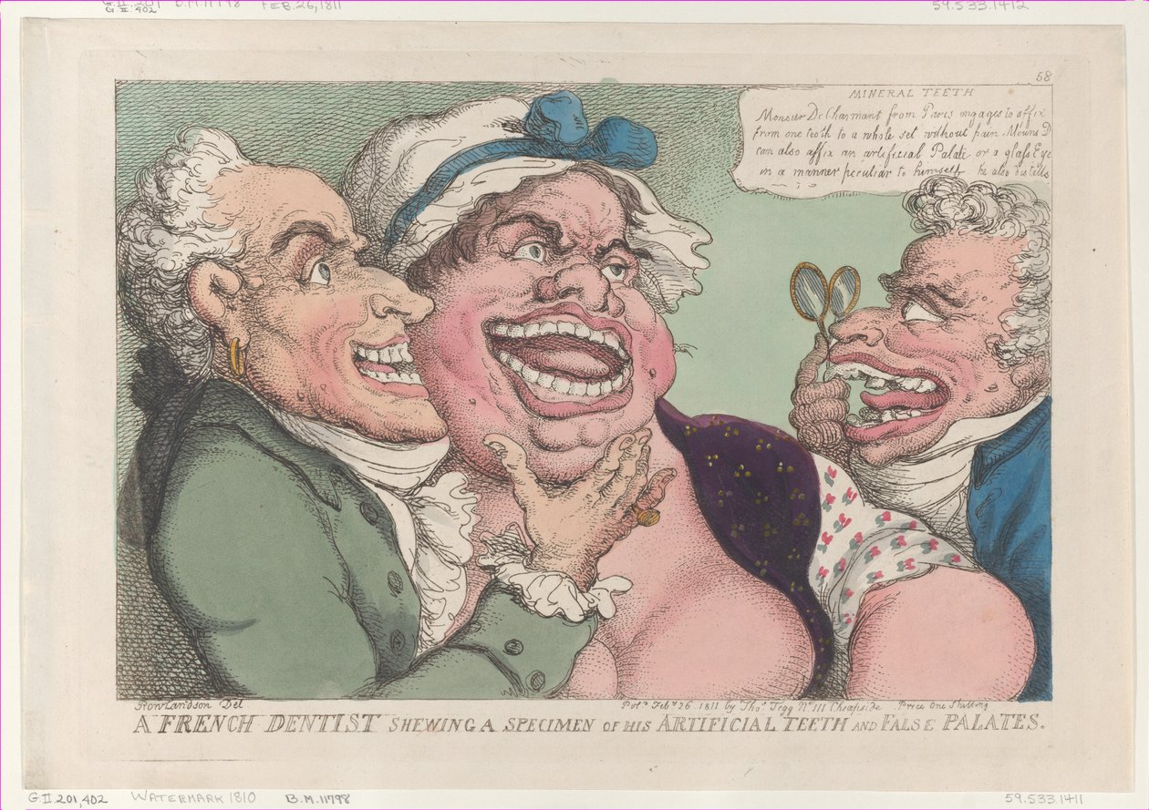 En fransk tandläkare visar ett exemplar av sina konstgjorda tänder och falska gommar..., 26 februari 1811. av Thomas Rowlandson