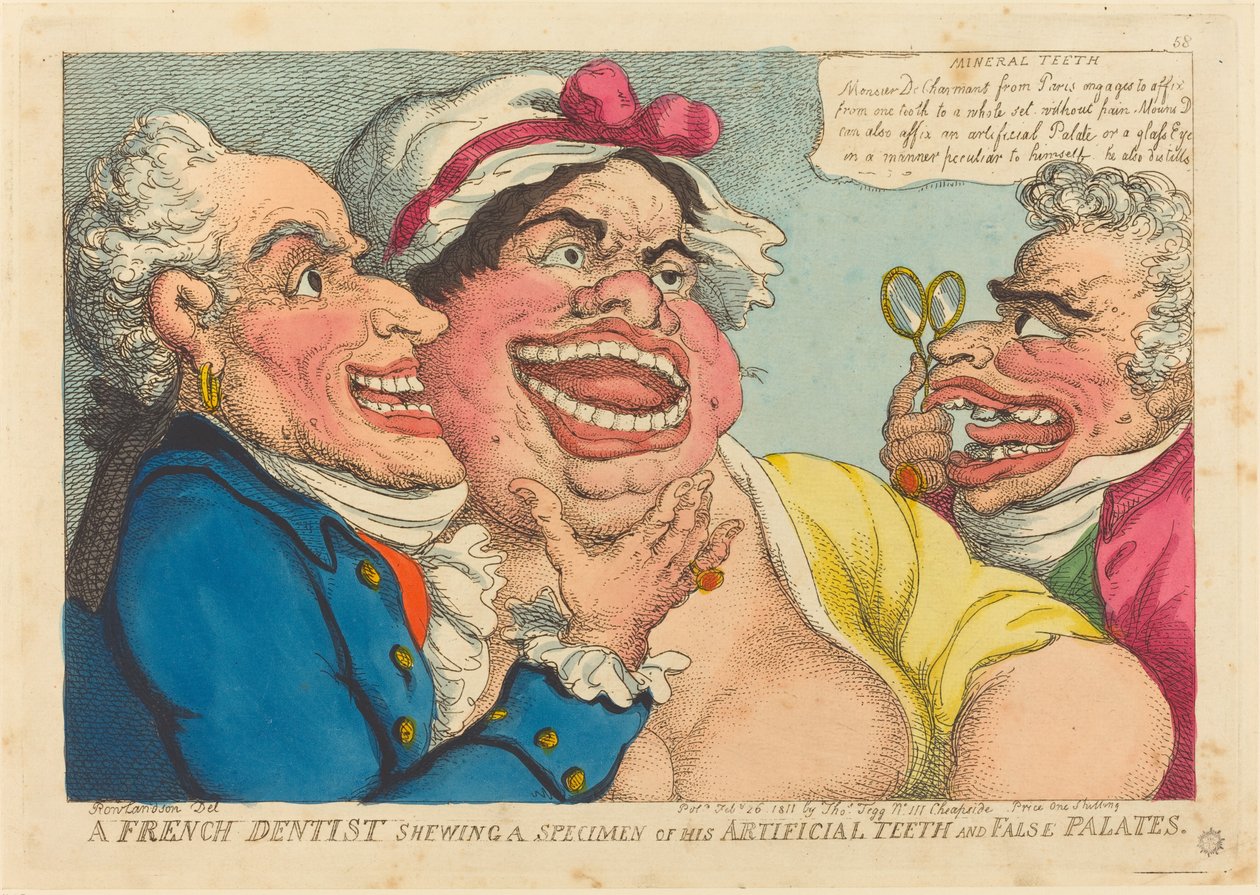 En fransk tandläkare visar ett exemplar av sina konstgjorda tänder och falska gommar av Thomas Rowlandson
