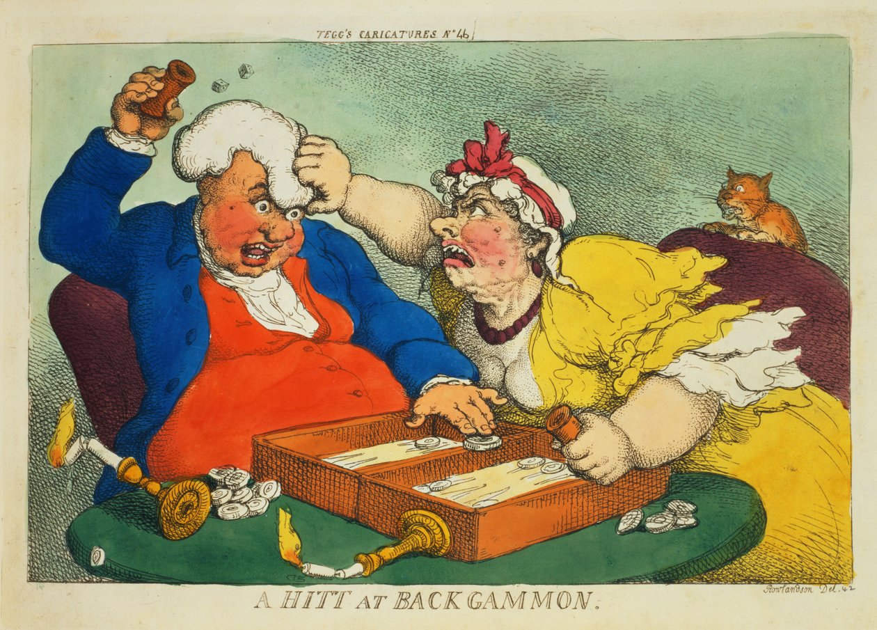 A Hitt at Backgammon (färgad etsning) av Thomas Rowlandson