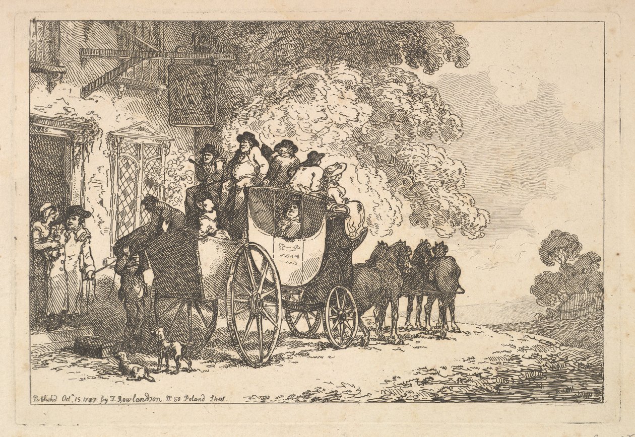 En fullastad diligens utanför ett posthus av Thomas Rowlandson