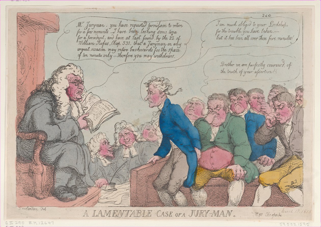A Lamentable Case of a Jury-Man, 10 mars 1815., 10 mars 1815. av Thomas Rowlandson