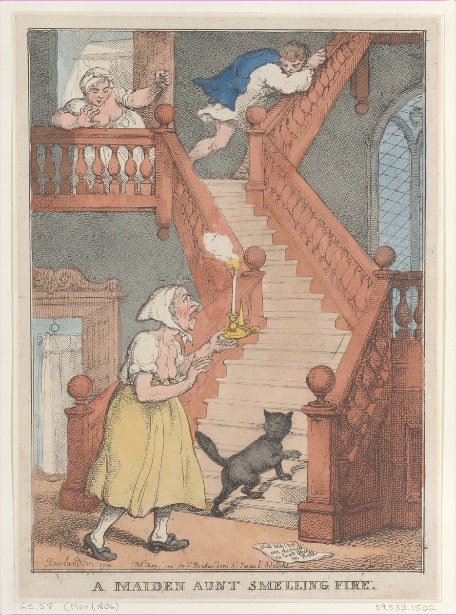 A Maiden Aunt Smelling Fire, [1 maj 1806], återutgiven 1 maj,..., [1 maj 1806], återutgiven 1 maj 1812. av Thomas Rowlandson