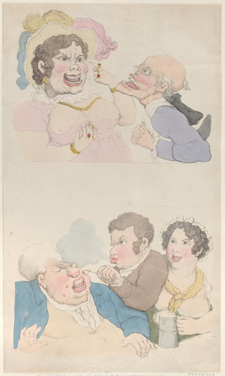 En man lockad av en kvinna och röker en kund, 1800 ., 1800 . av Thomas Rowlandson