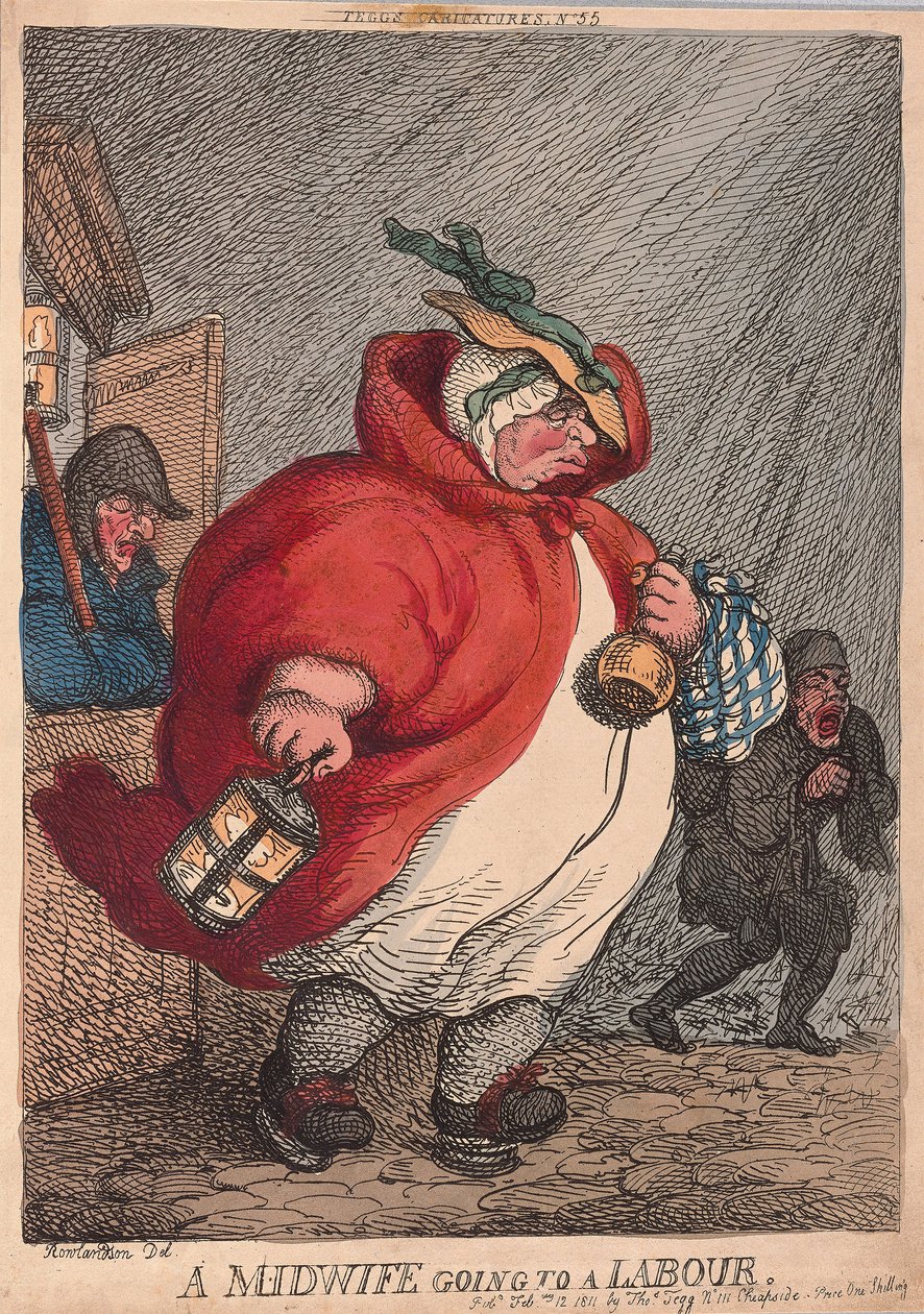 En barnmorska som går till en Labour, pub. 1811 (handfärgad gravyr) av Thomas Rowlandson