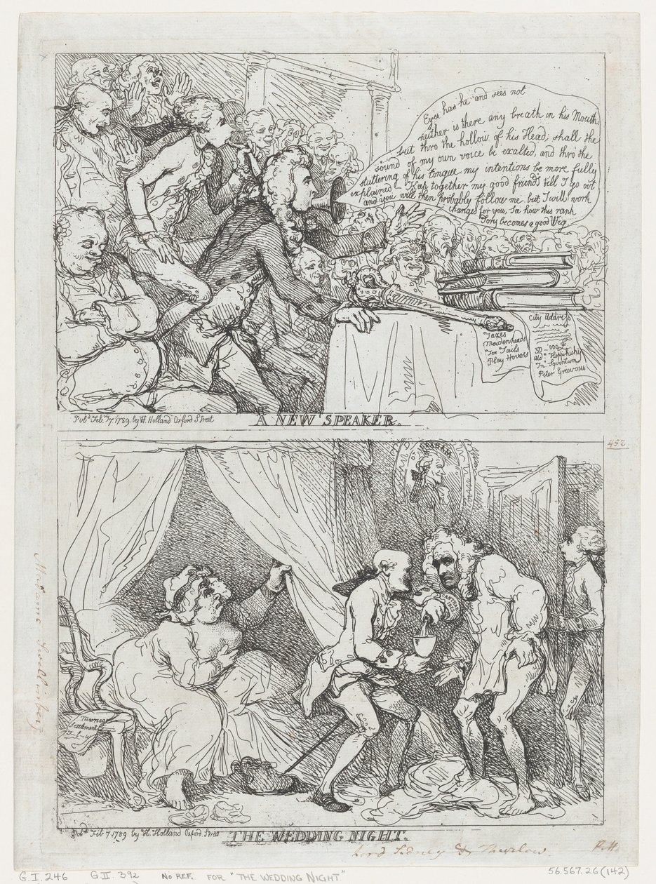 En ny talare och bröllopsnatten, 7 februari 1789, 7 februari 1789. av Thomas Rowlandson