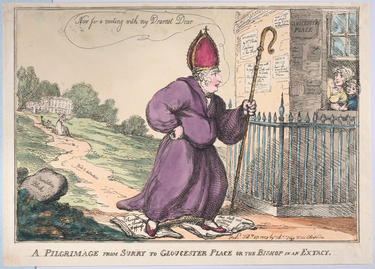 En pilgrimsfärd från Surry till Gloucester Place eller biskopen i en extacy, 27 februari 1809. av Thomas Rowlandson