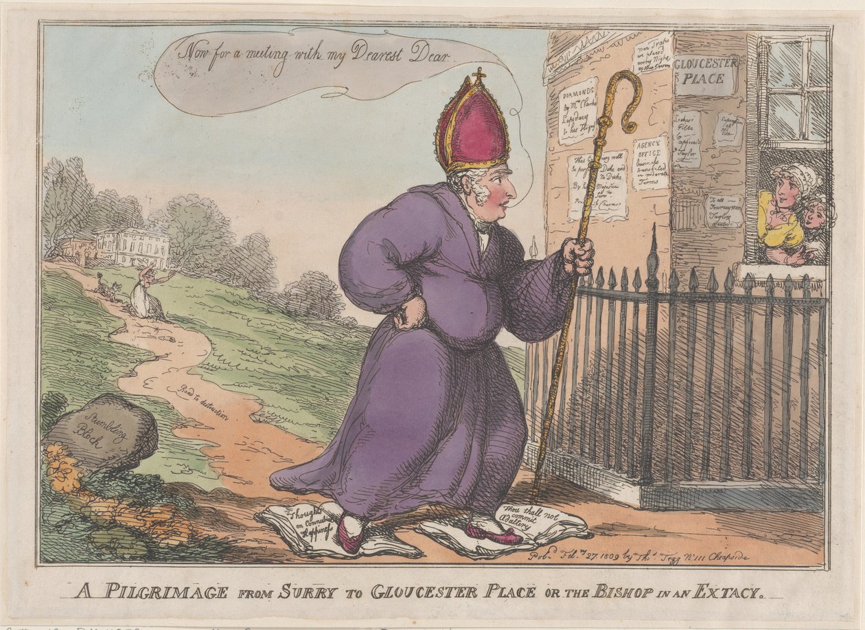En pilgrimsfärd från Surry till Gloucester Place eller biskopen i en extacy, 27 februari 1809. av Thomas Rowlandson