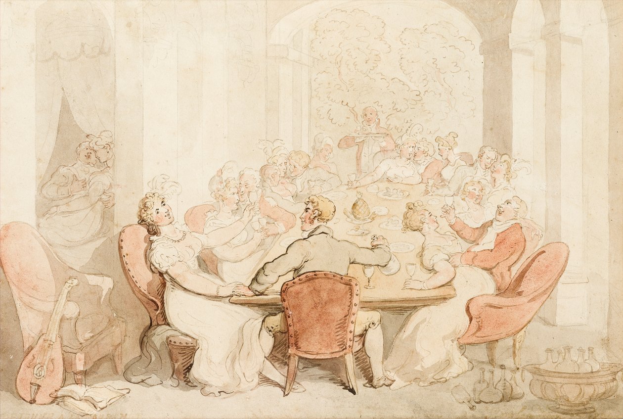 En rolig lunch på ett lanthus (bläck och färgtvätt på papper) av Thomas Rowlandson