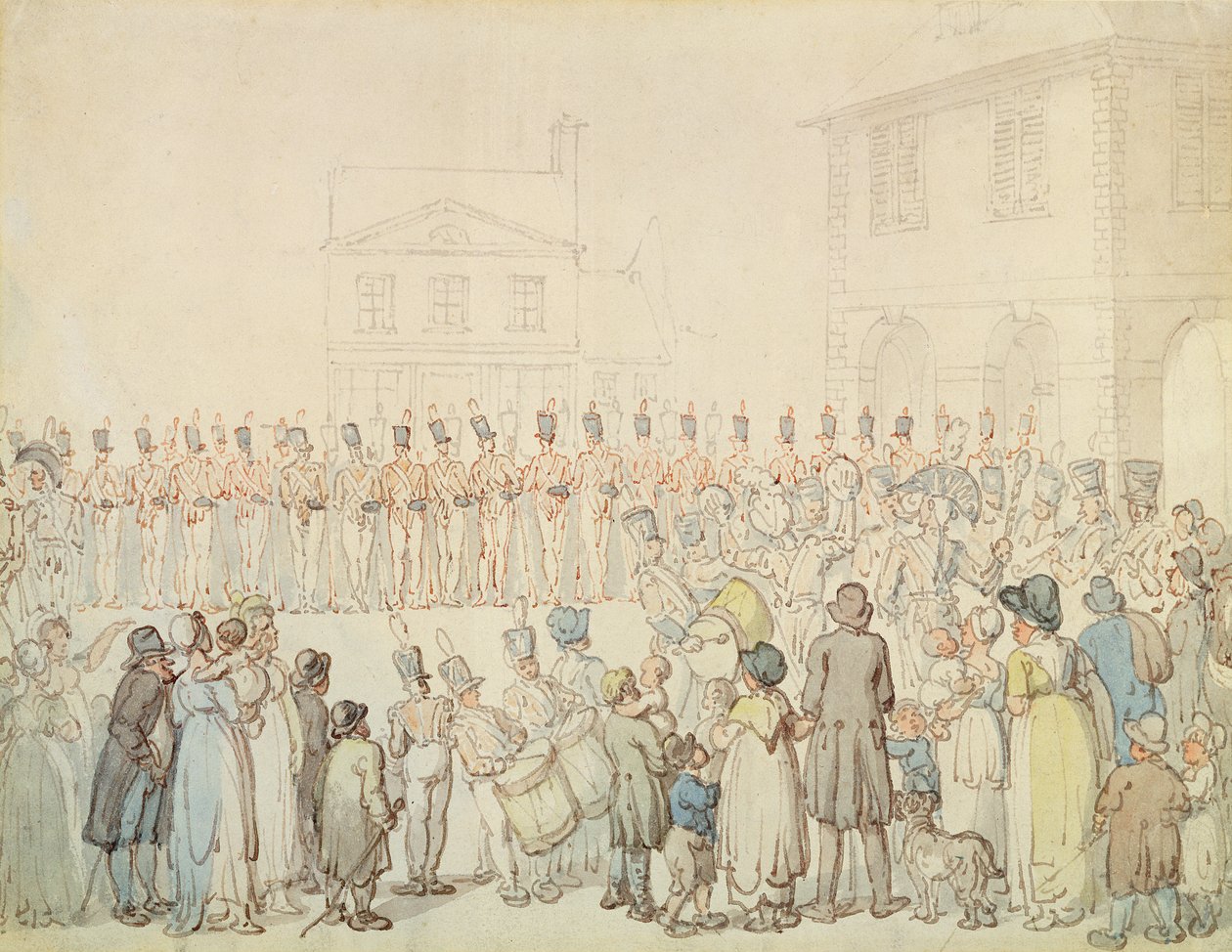 En recension av Northamptonshire Militia i Brackley, Northants (penna och bläck med akvarell på papper) av Thomas Rowlandson