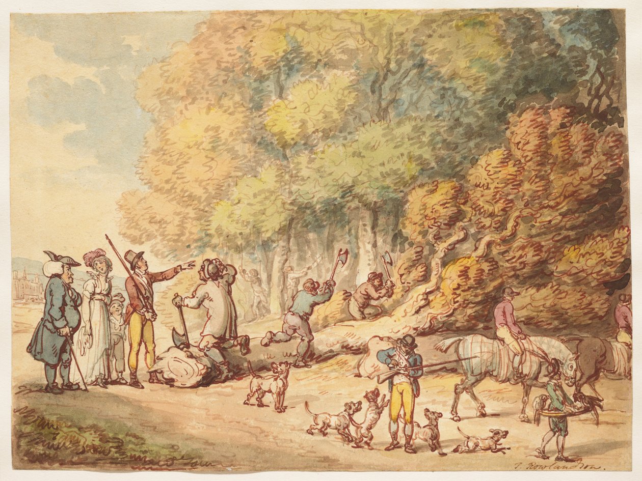 En jägare med sin familj som instruerar skogshuggare att hugga upp ett fällt träd av Thomas Rowlandson