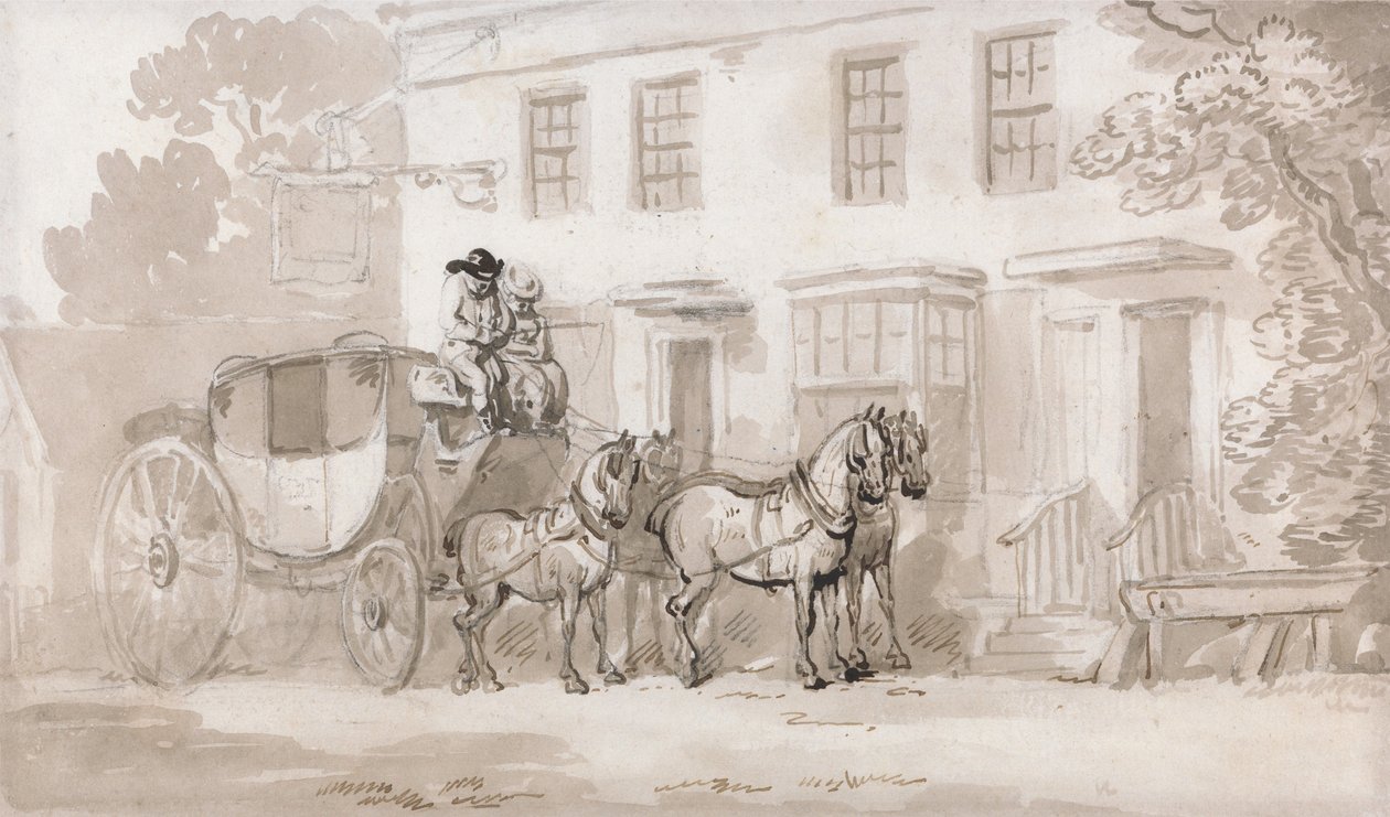 En diligens utanför ingången till ett värdshus av Thomas Rowlandson