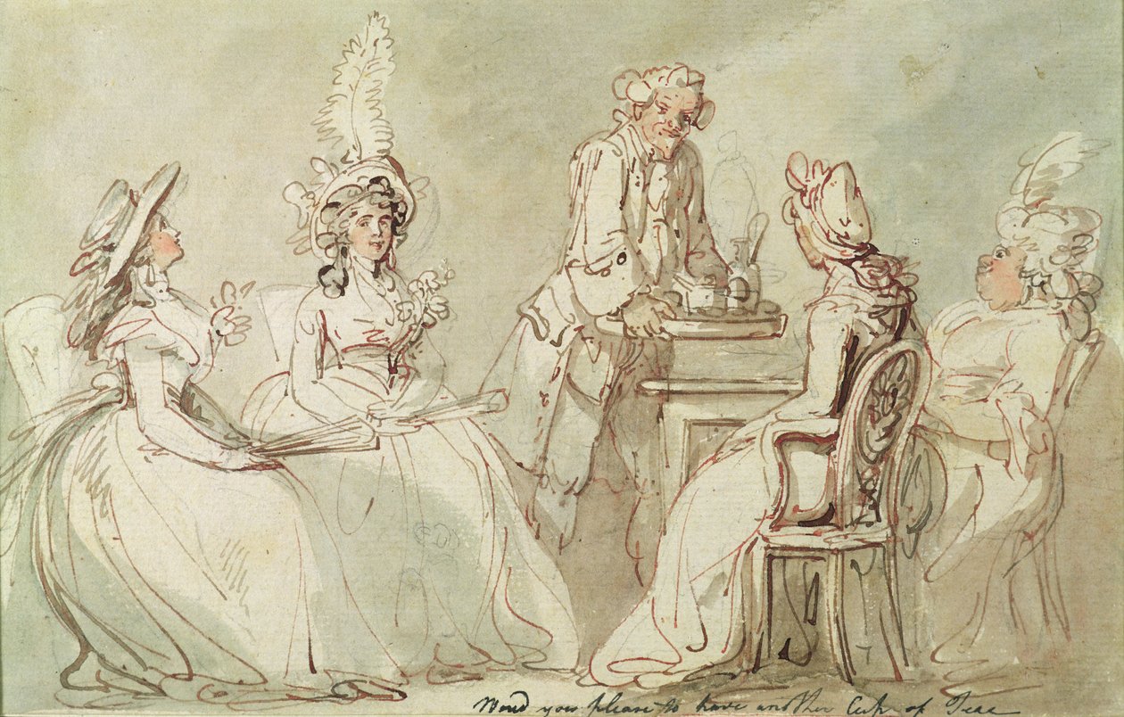 A Tea Party (penna & bläck, penna & w/c på papper som läggs på fästet) (recto of 238964) av Thomas Rowlandson