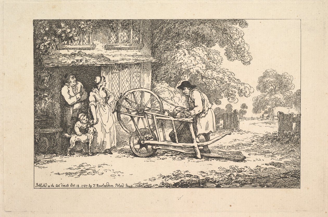 En kringresande knivslipare vid dörren till en stuga av Thomas Rowlandson