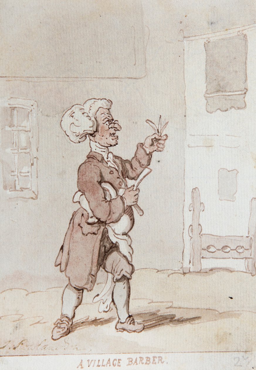 En barberare i en by (tusch och akvarell) av Thomas Rowlandson