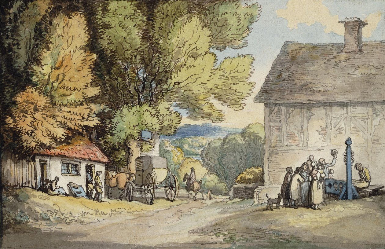A Village Green: en vagn stannade under ett träd, med en man i stocken och en grupp åskådare, av Thomas Rowlandson