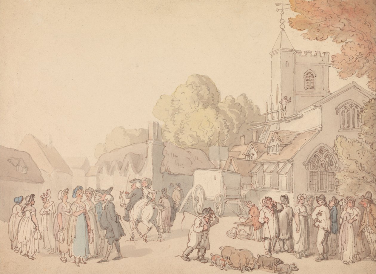 En bybild utanför en kyrka av Thomas Rowlandson