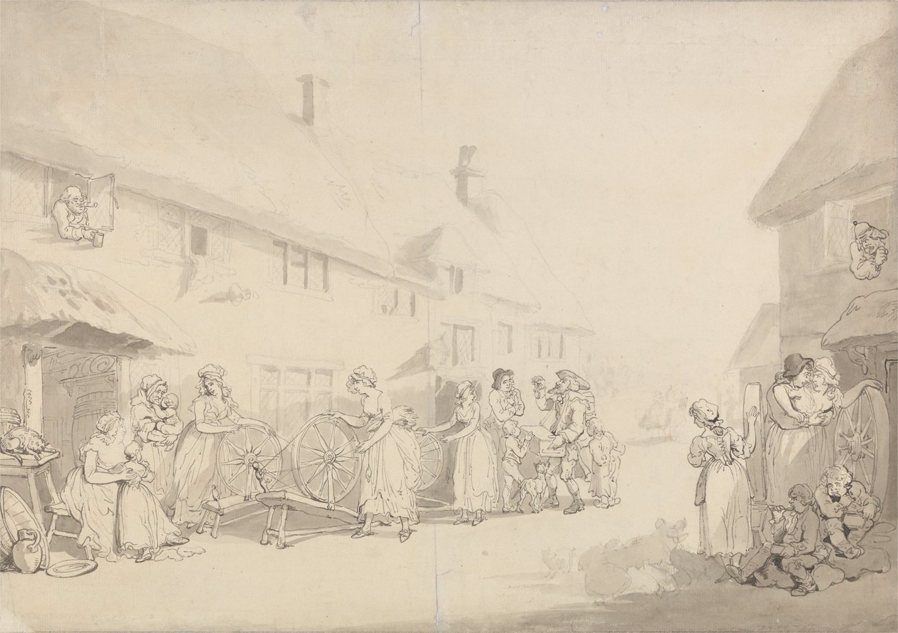 En bybild med flickor som spinner av Thomas Rowlandson