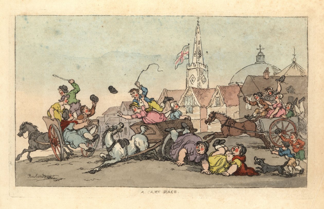 Ett vagnslopp i en engelsk stad med en olycka i förgrunden av Thomas Rowlandson