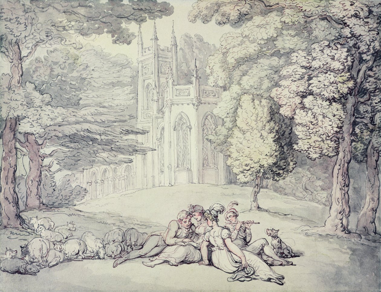 En collegegreen med en grupp tjejer och unga herrar i förgrunden, ca 1810-15 (penna & bläck och akvarell över penna på papper) av Thomas Rowlandson