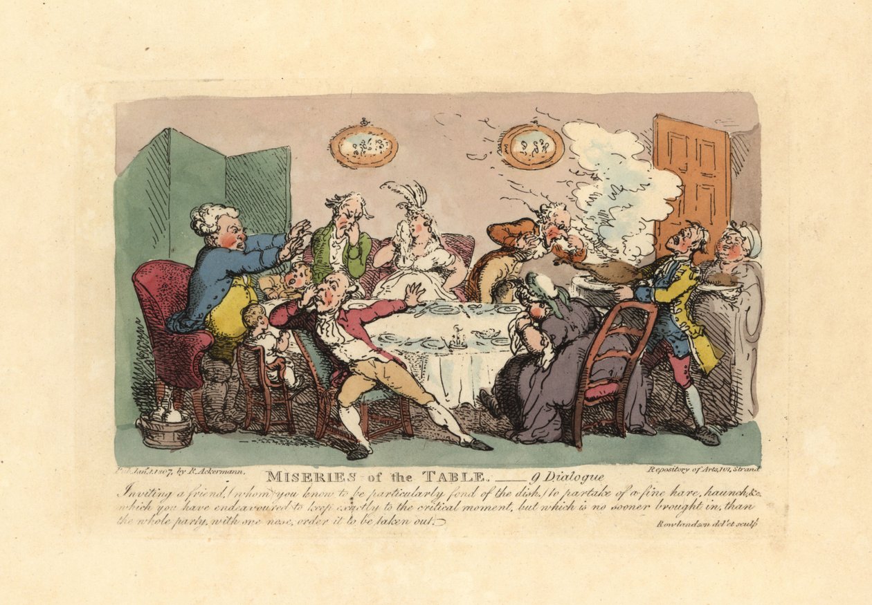 En middagsfest förstörd av ankomsten av en illaluktande vilträtt. av Thomas Rowlandson