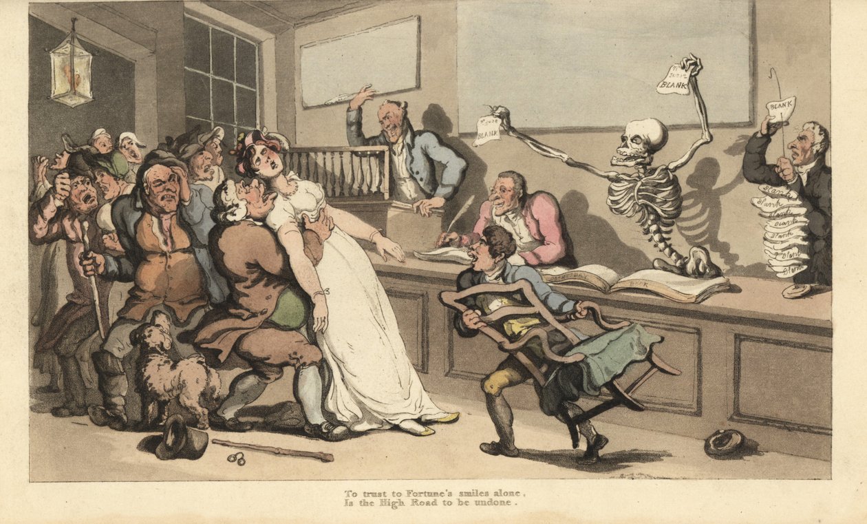 En kvinna dör i chock vid åsynen av ett tomt papper som viftas av Dödens skelett på ett lotterikontor. Handfärgad kopparplåt tecknad och graverad av Thomas Rowlandson från The English Dance of Death, Ackermann, London av Thomas Rowlandson