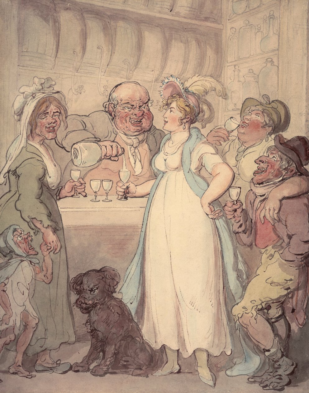 En ung attraktiv kvinna introduceras till "nöjen" med gindrickande, c1810 av Thomas Rowlandson