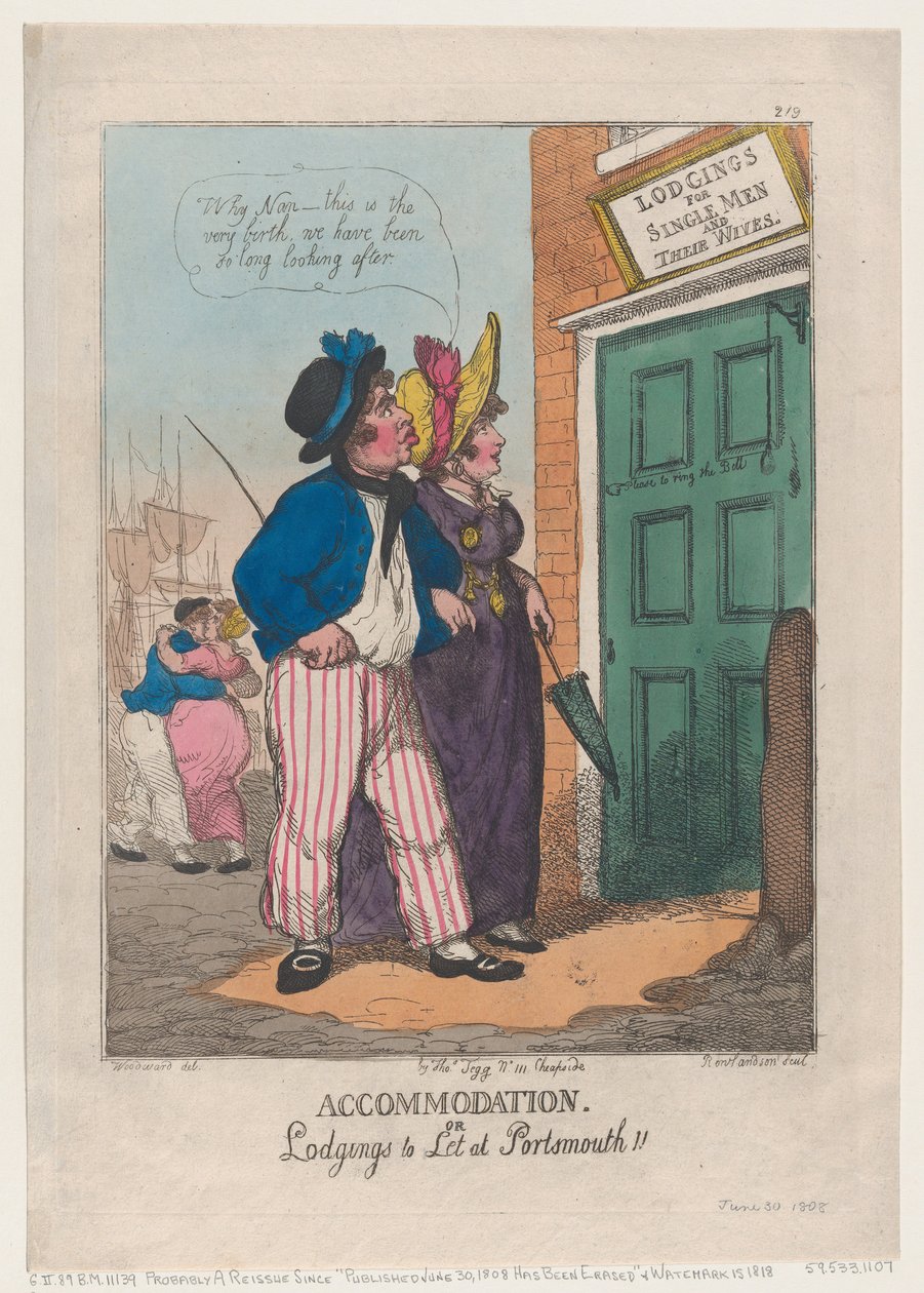 Boende eller logi att hyra i Portsmouth!!, 30 juni 1808., 30 juni 1808. av Thomas Rowlandson