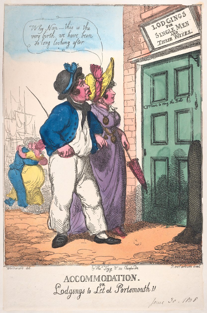 Boende eller logi att hyra i Portsmouth!!, 30 juni 1808., 30 juni 1808. av Thomas Rowlandson