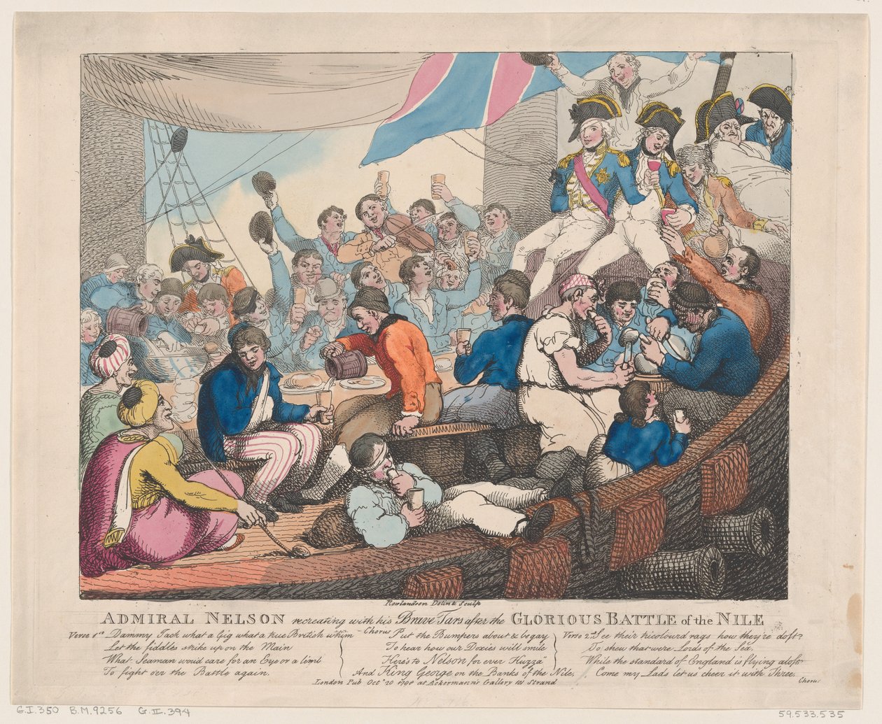 Amiral Nelson återskapar med sina modiga tjäror efter det härliga slaget vid..., 20 oktober 1798. av Thomas Rowlandson