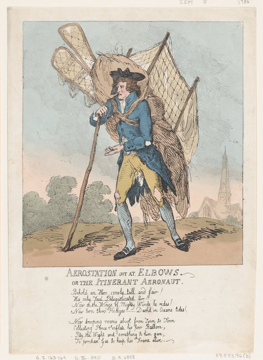 Aerostation out at Elbows, eller The Itinerant Aeronaut, 5 september 1785., 5 september 1785. av Thomas Rowlandson