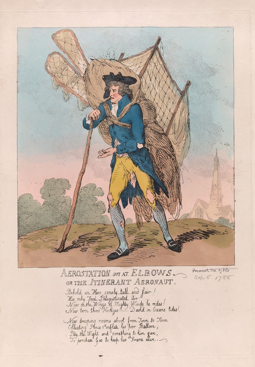 Aerostation ute vid Elbows eller the Itinerant Aeronaut, pub. 1785 (handfärgad gravyr) av Thomas Rowlandson