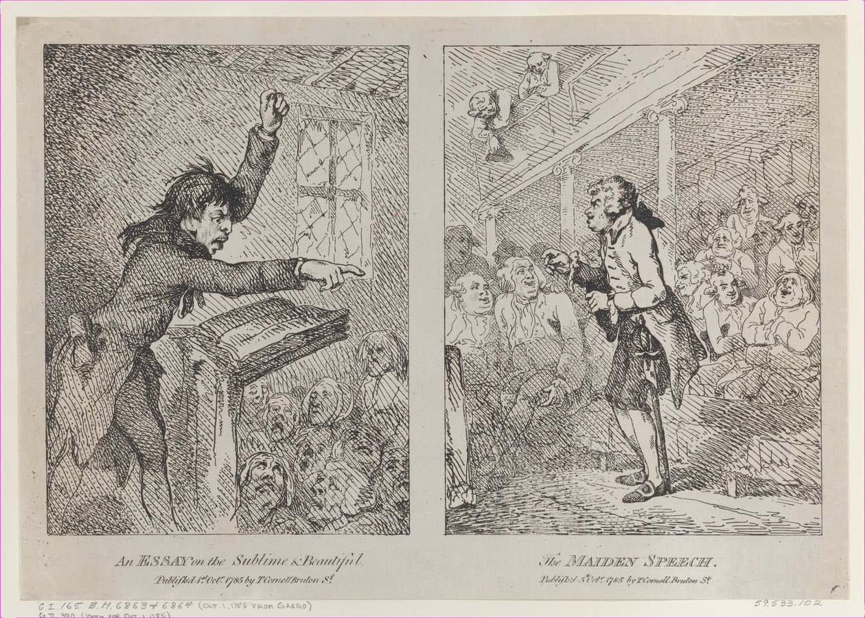 An Essay on the Sublime & Beautiful, The Maiden Speech, 1 oktober 1785., 1 oktober 1785. av Thomas Rowlandson