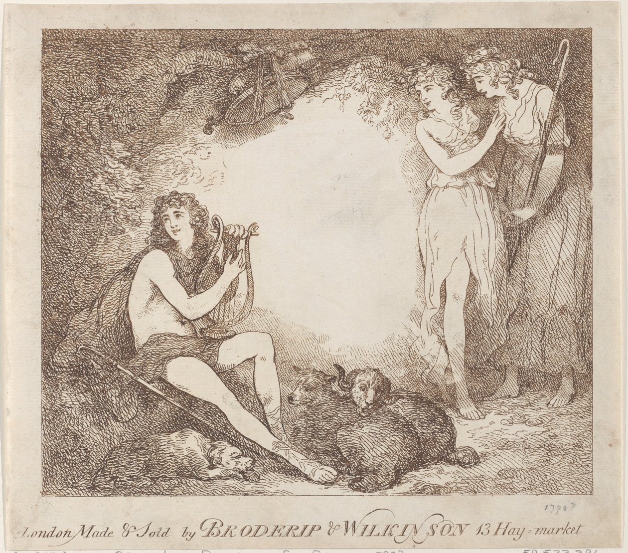 Apollo, Lyra och Daphne Trade-kort som illustrerar Marian, en opera, 1797-99., 1797-99. av Thomas Rowlandson