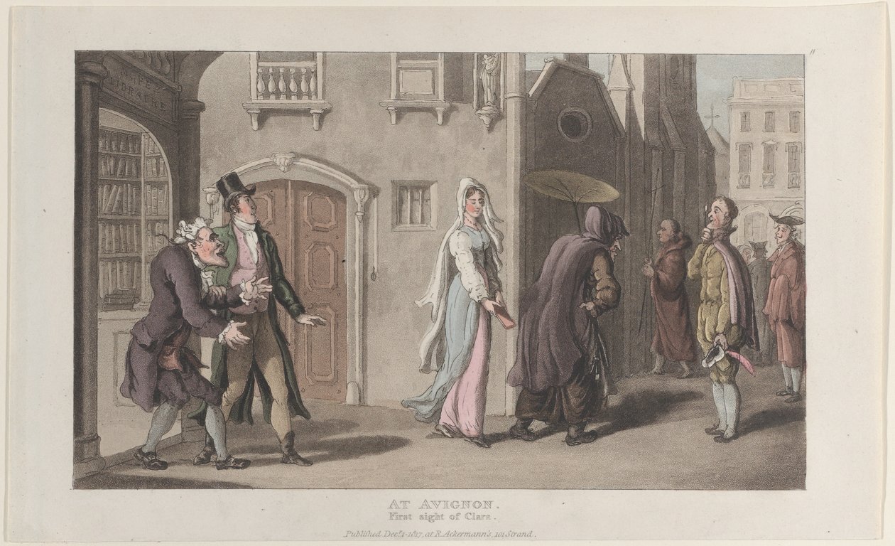 At Avignon, First Sight of Clara, från Journal of Sentimental Travels in the ..., 1 december 1817. av Thomas Rowlandson