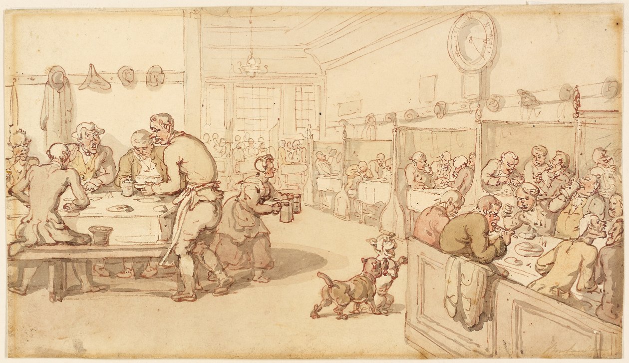 At an Old English Eating House (penna och rött bläck med pensel och akvarell över grafit, på cremefärgat vävt papper) av Thomas Rowlandson