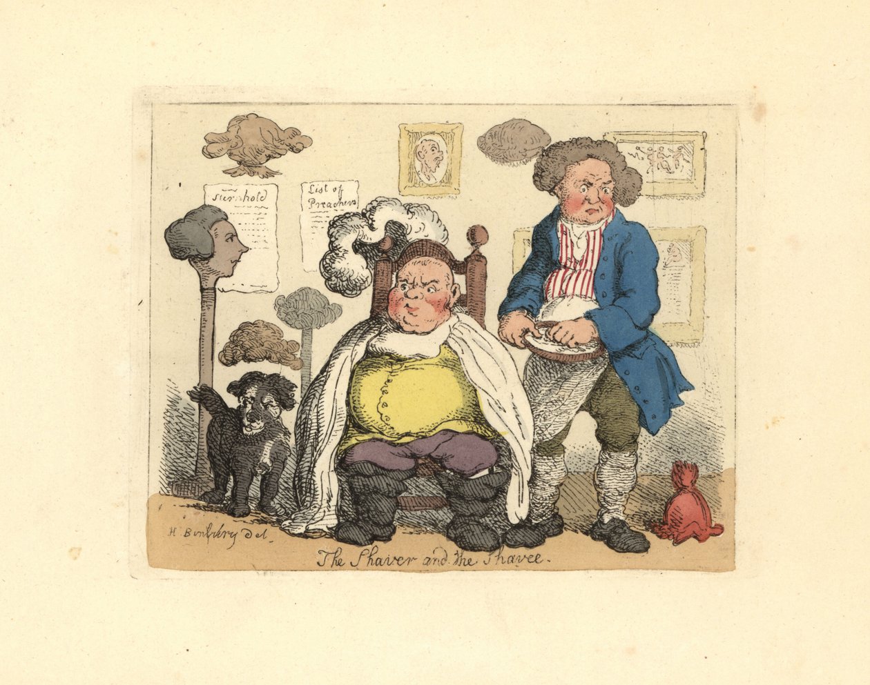 Frisör och kund i en barbershop dekorerad med peruker. av Thomas Rowlandson
