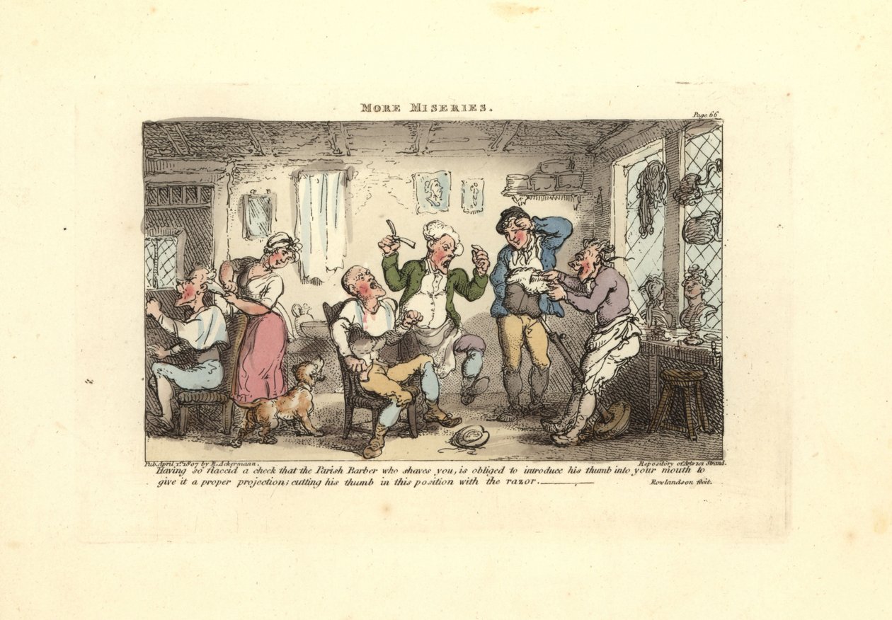 Frisör som klipper tummen och försöker raka en kund. av Thomas Rowlandson