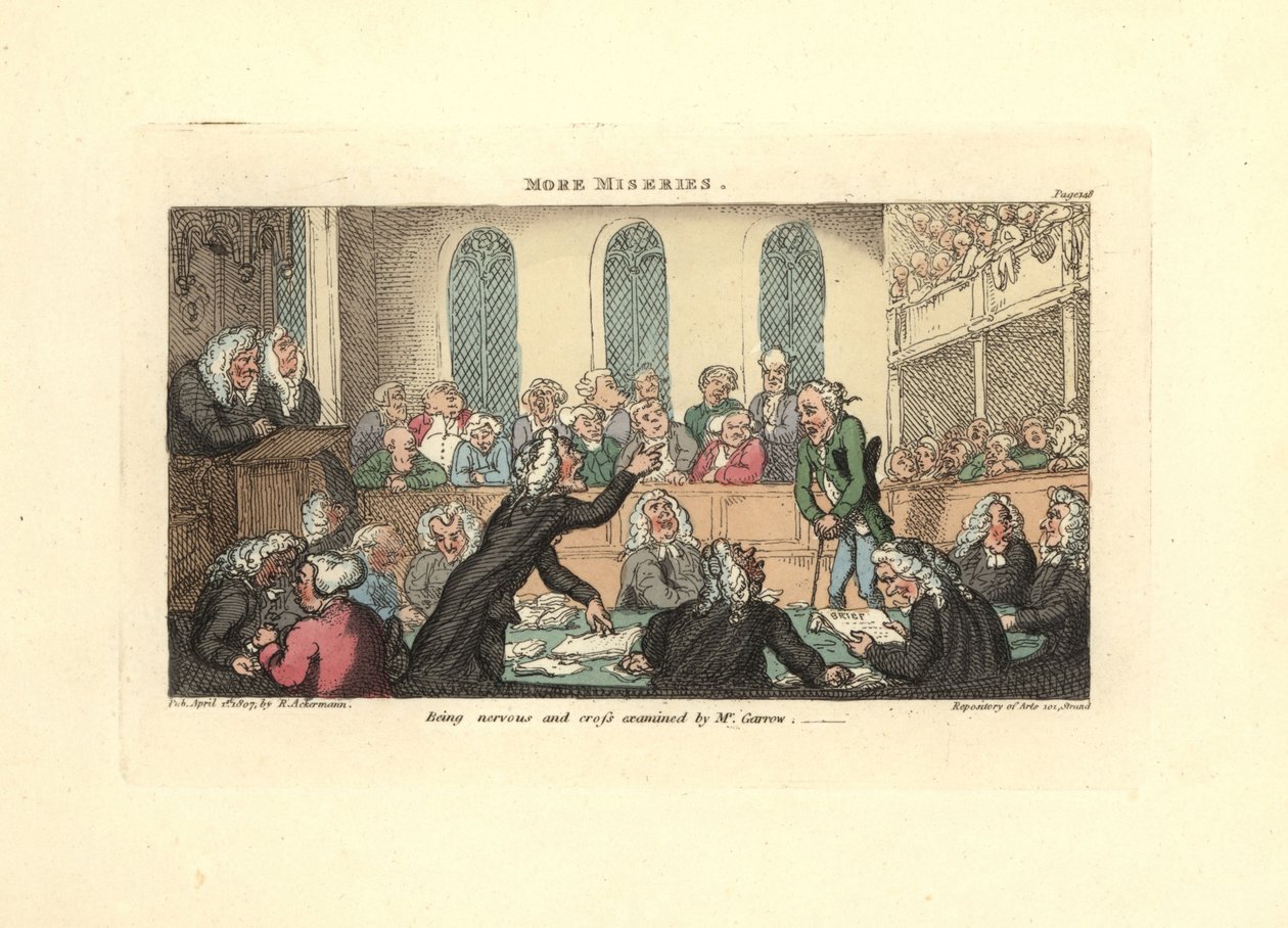 Att vara nervös och korsförhörd av Mr. Garrow. av Thomas Rowlandson