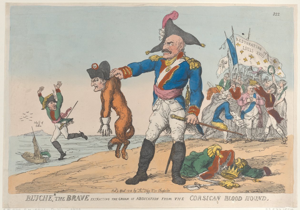 Blucher the Brave extraherar abdikationens stön från Corsican Blood Houn..., 9 april 1814. av Thomas Rowlandson