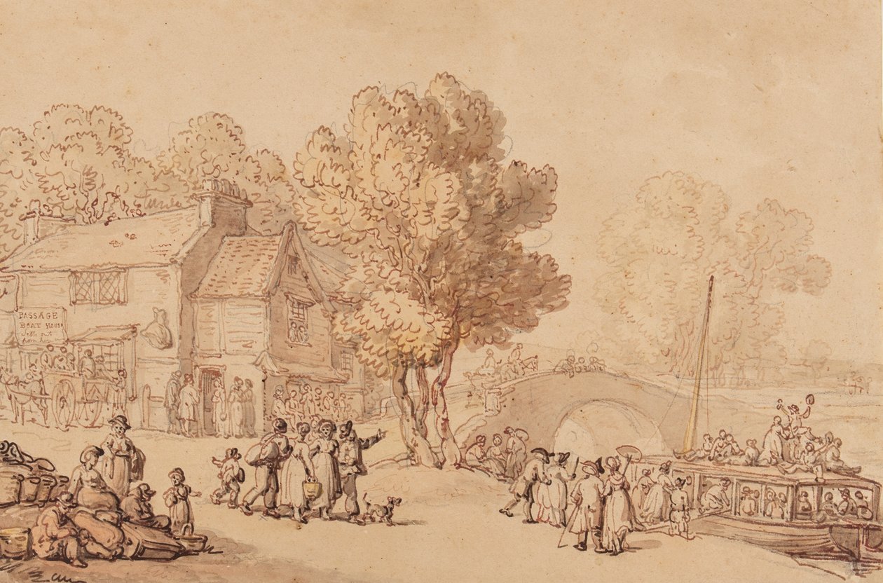 Gå ombord på en färja, ca 1810 (penna, bläck, pensel och wc på papper) av Thomas Rowlandson