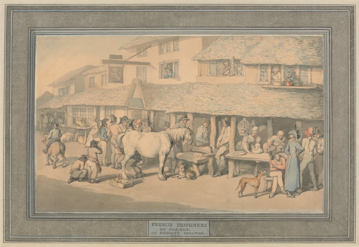 Bodmin, Cornwall: Franska fångar på villkorlig frigivning av Thomas Rowlandson