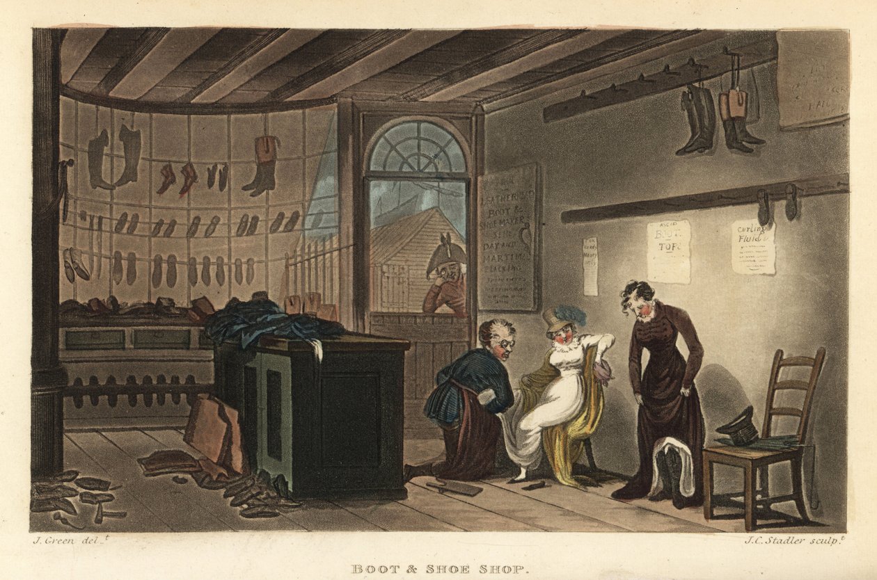 Boot and Shoe Shop: Kvinnliga kunder provar skor och stövlar hos Leatherhead skomakare. Handkolorerad kopparstick av Thomas Rowlandson, akvatint av J.C. Stadler, efter en skiss av J. Green från Poetical Sketches of Scarborough, Ackermann, London av Thomas Rowlandson